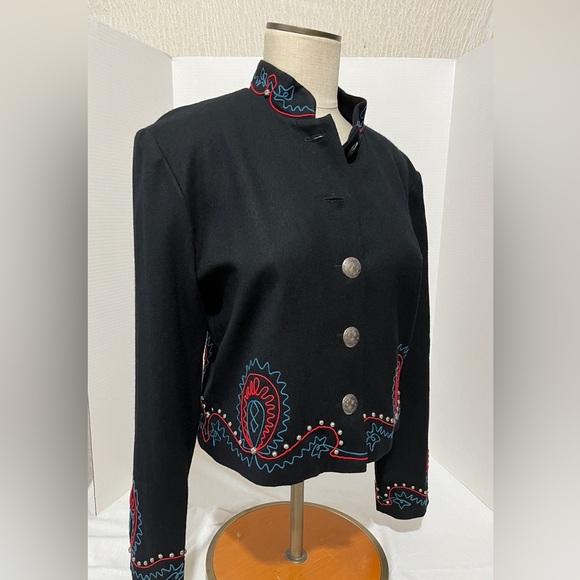 Black Embroidered Wool Short Jacket 1980s w Silver Metal Conchos and studs Med - Picture 2 of 12